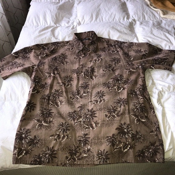 VTG Pierre Cardin Mens Hawaiian Shirt SzL Earth Tones Coconut Buttons Pre-Owned - Picture 1 of 15
